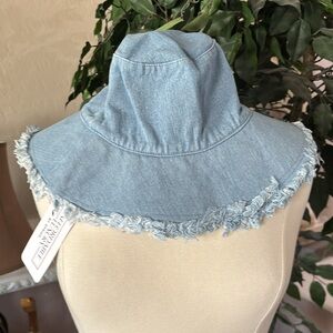 Sprigs Denim Wide Brim Fringe Sun Hat ~ Light Wash